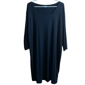 Eileen Fisher Black Asymmetrical Neckline Jersey Knit MIDI Dress Size Large